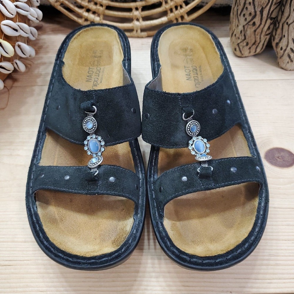 Naot Slides Platform Jewel Sandals Suede Black Comfort Women's Sz 9/EU 40